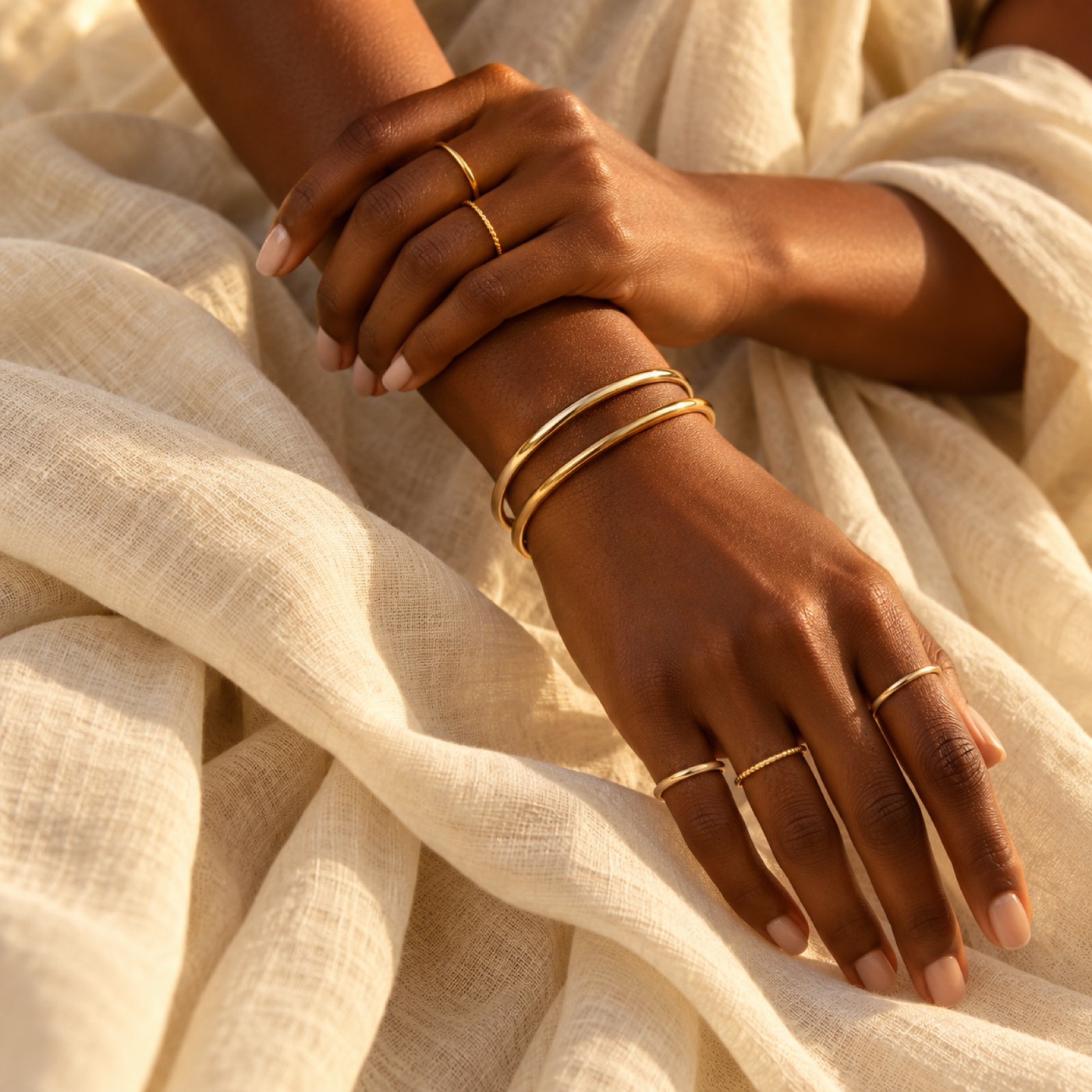 Hands wearing gold rings and bangles